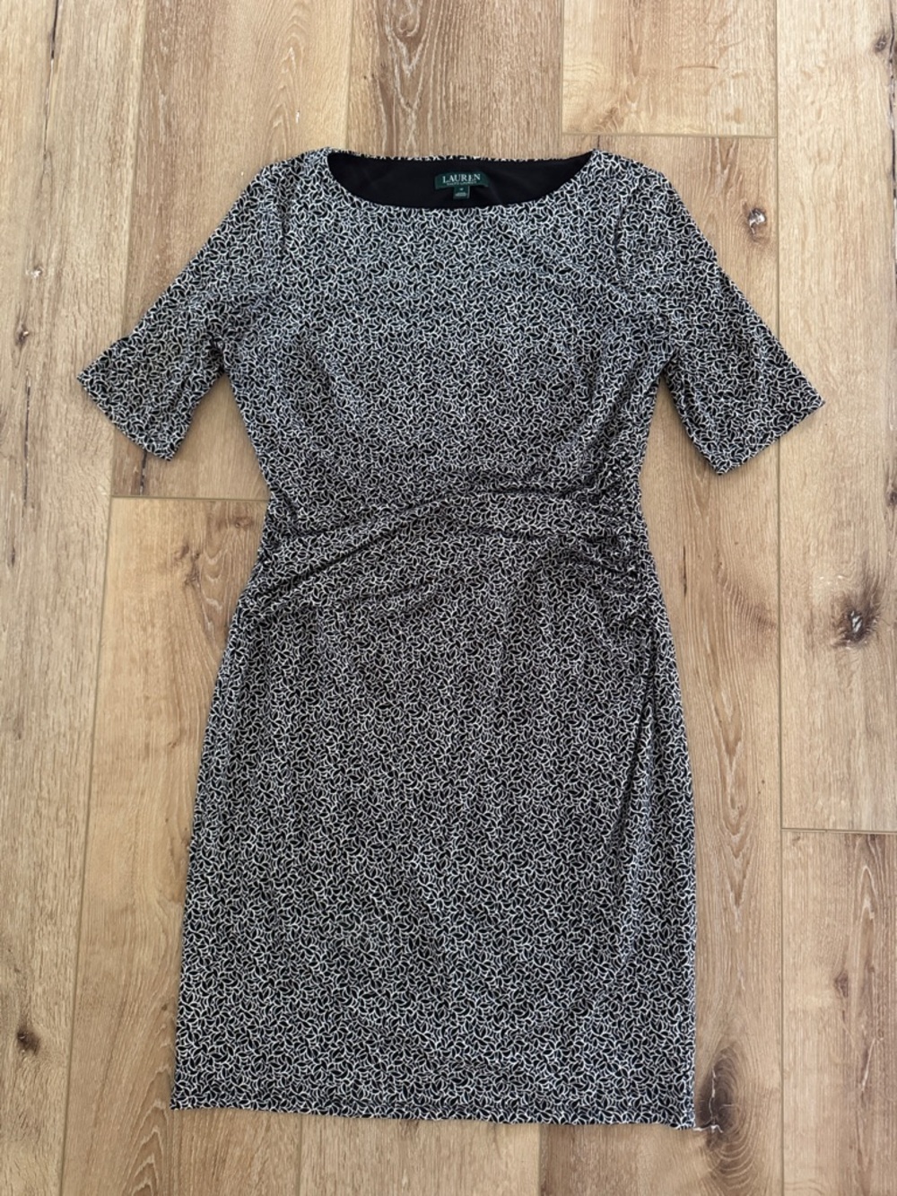 Lauren Ralph Lauren Black and White Printed Midi Sheath Dress | size 12